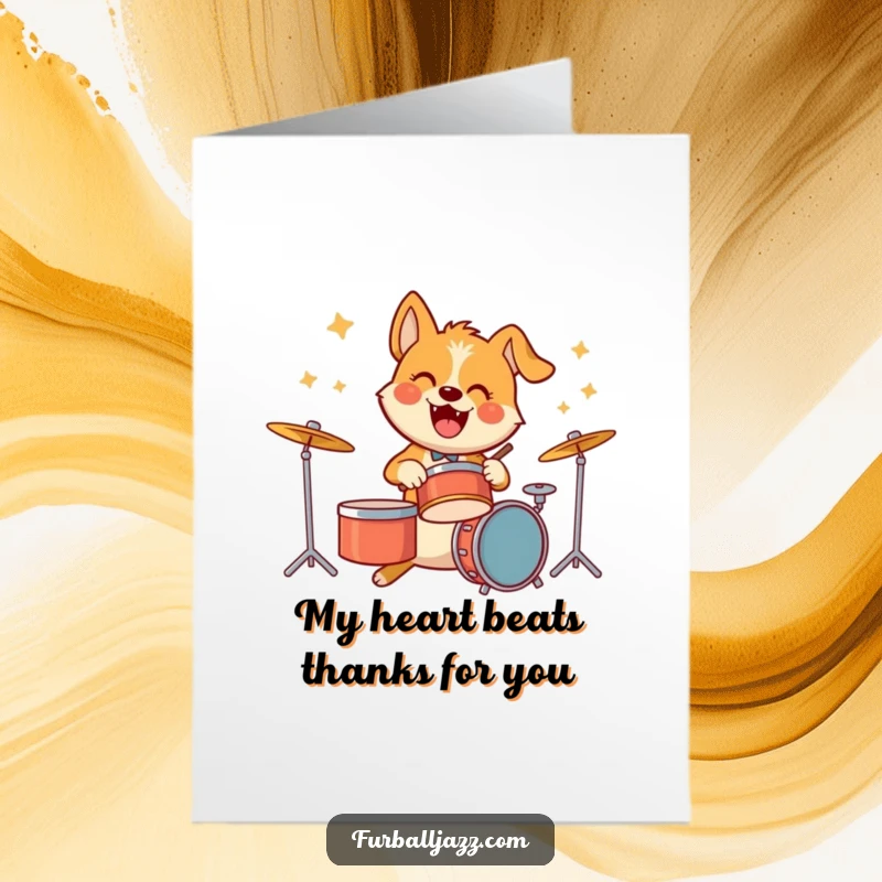Funny Free Printable Thank You Card: Dog with drumsticks, mid-beat, a vibrant expression of thankfulness.