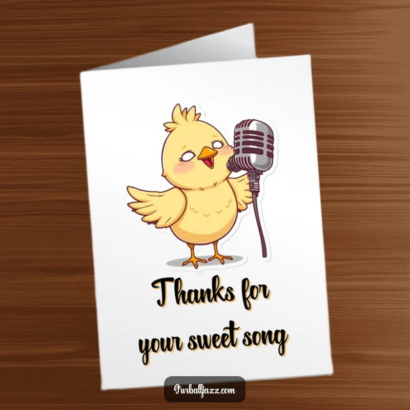 Funny Free Printable Thank You Card showing a bird singing into a vintage mic, conveying sincere thanks musically.