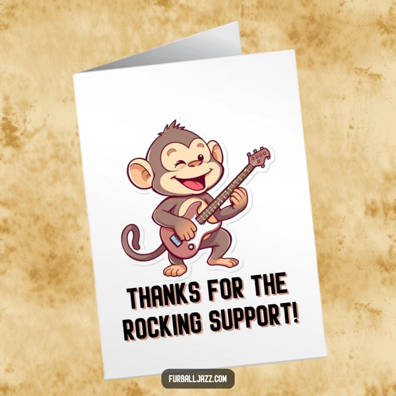 Funny Free Printable Thank You Card: A cool monkey playing a guitar solo, sending a funky thank you.
