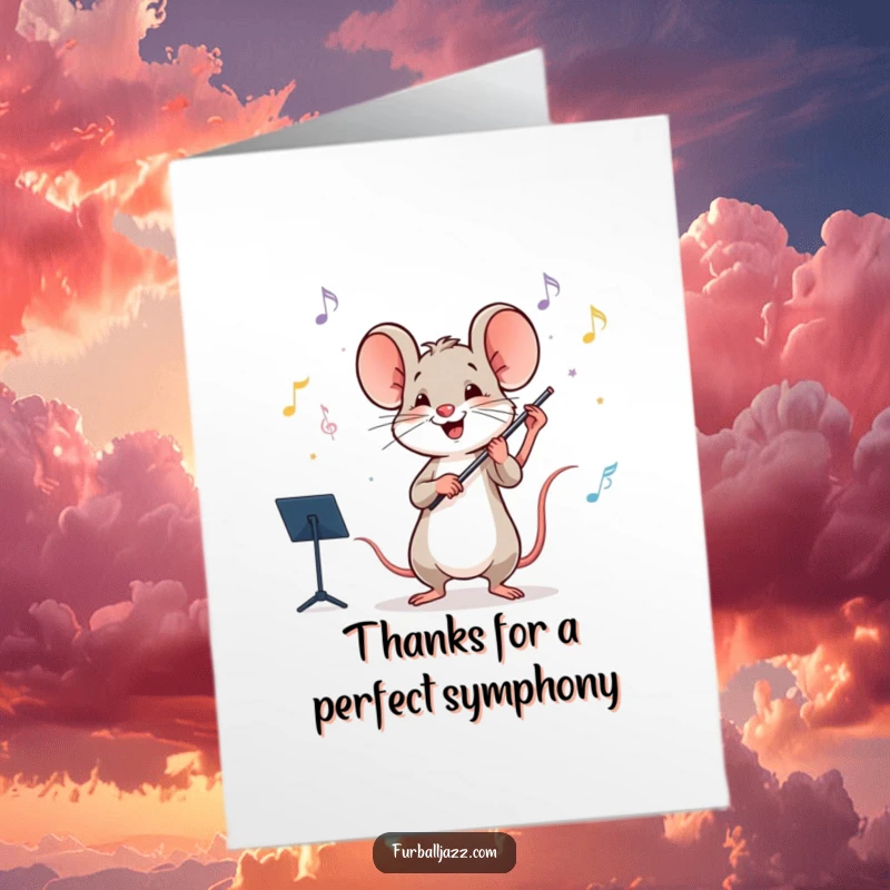 Funny Free Printable Thank You Card featuring a happy mouse conducting an orchestra with great passion, conveying thanks.