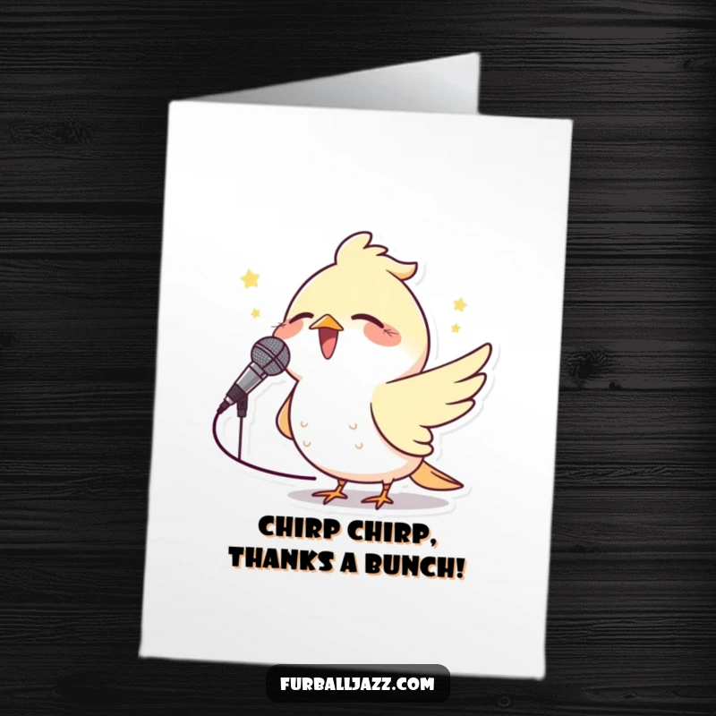 Funny free printable thank you card: A happy bird belts out a tune into a microphone, conveying thanks with a delightful performance.