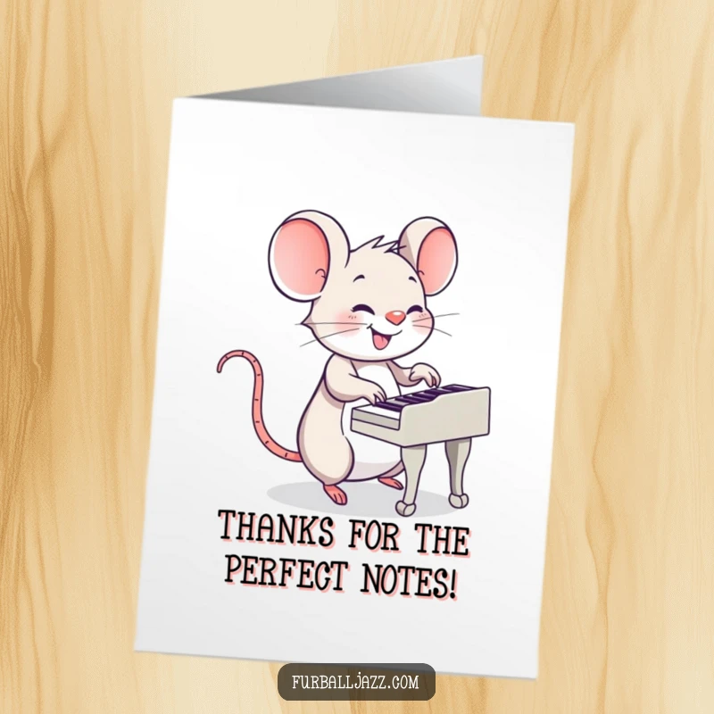 Funny Free Printable Thank You Card: Smiling mouse playing a jaunty piano with tiny paws, expressing thanks musically. A sweet downloadable.