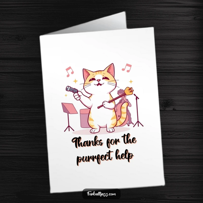 Funny Free Printable Thank You Card: A cat conducting an invisible jazz orchestra, conveying heartfelt thanks musically.