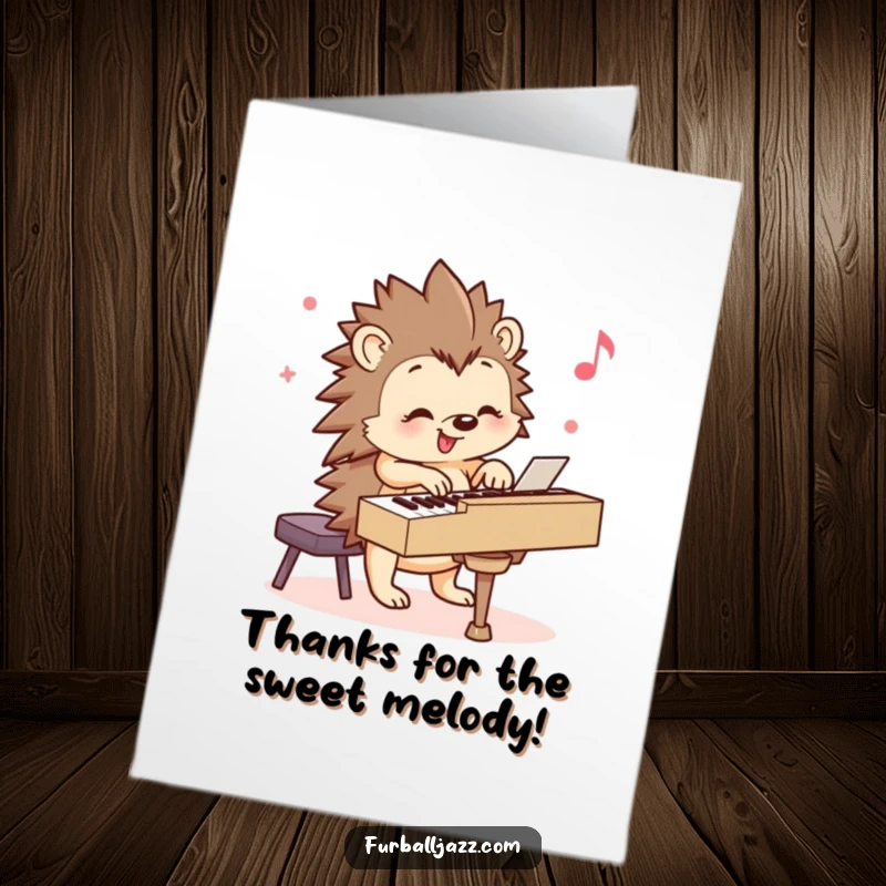 Funny Free Printable Thank You Card: Smiling hedgehog happily playing piano, sending a melodic and sincere thank you.