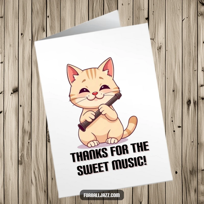 Funny Free Printable Thank You Card: A happy cat concentrating while playing a clarinet.