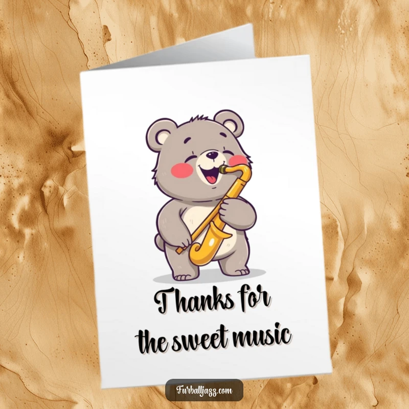 Funny Free Printable Bear Saxophone Thank You Card: A bear playing sax, offering thanks with a joyful, bluesy expression.