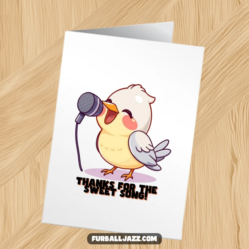 Funny Free Printable Thank You Card: A smiling bird sings passionately into a microphone, conveying heartfelt thanks.