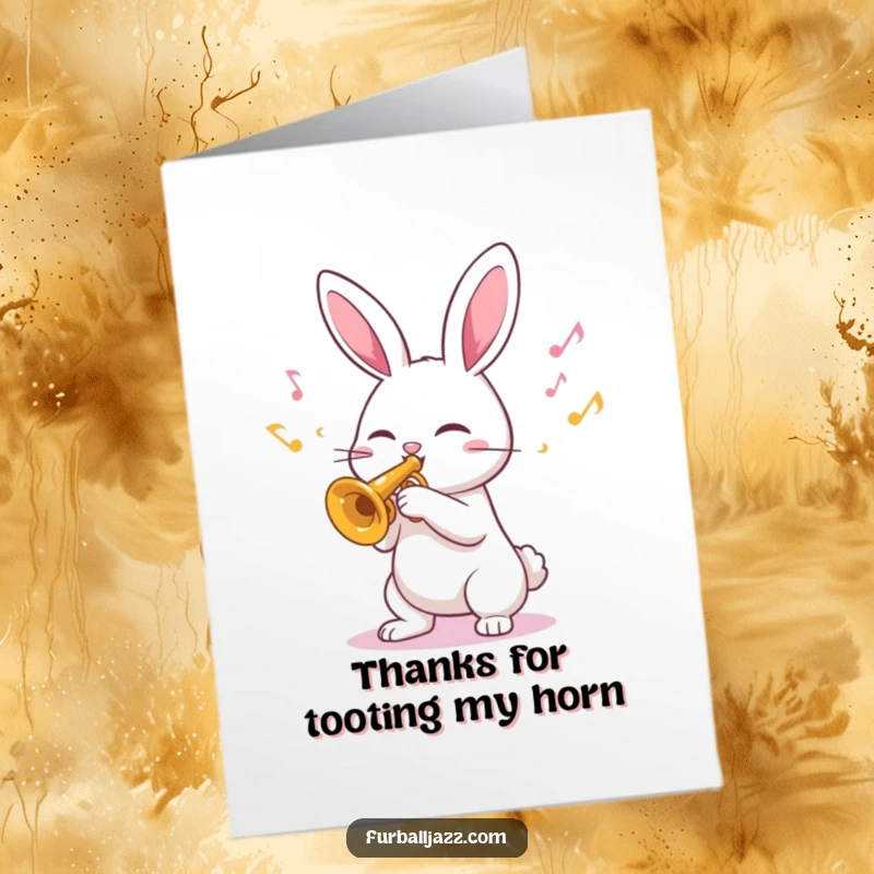 Funny Free Printable Thank You Card: A rabbit plays a trumpet, sending bright, happy musical notes as a thank you.