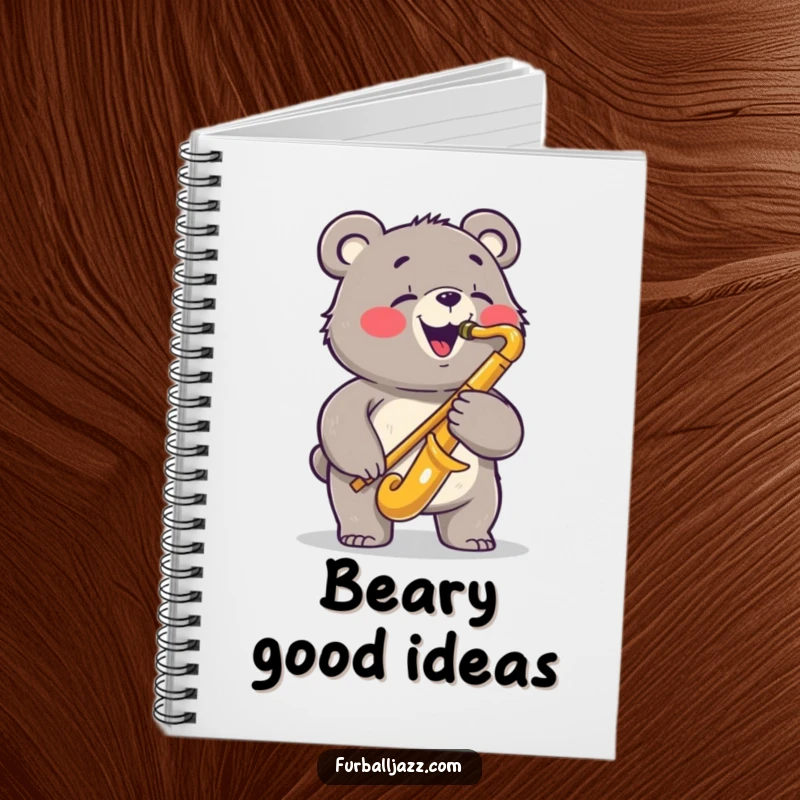 Funny bear notebook with a joyful bear playing a saxophone with a bluesy expression, perfect for journaling your creative thoughts.