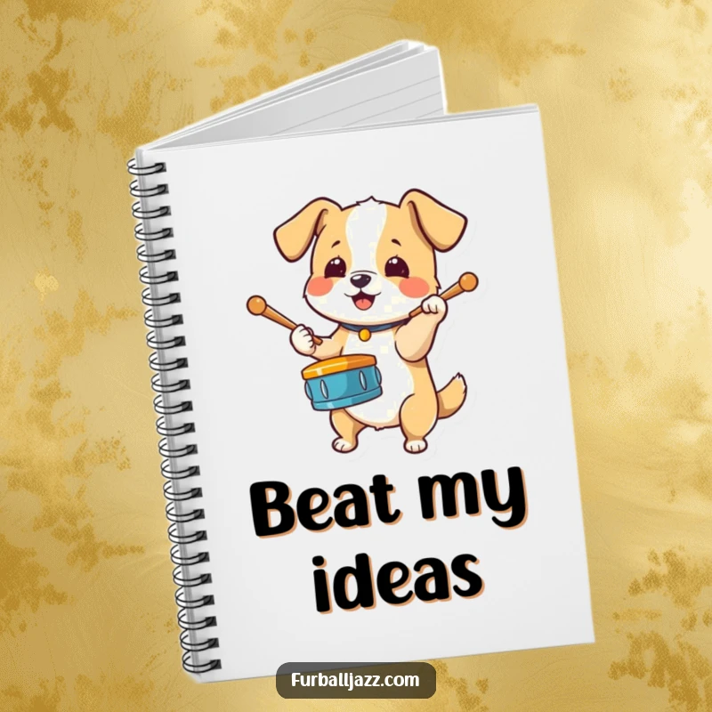 Funny Dog Drummer Notebook with an energetic dog tapping drumsticks on its paw, ideal for jotting down musical ideas or notes.