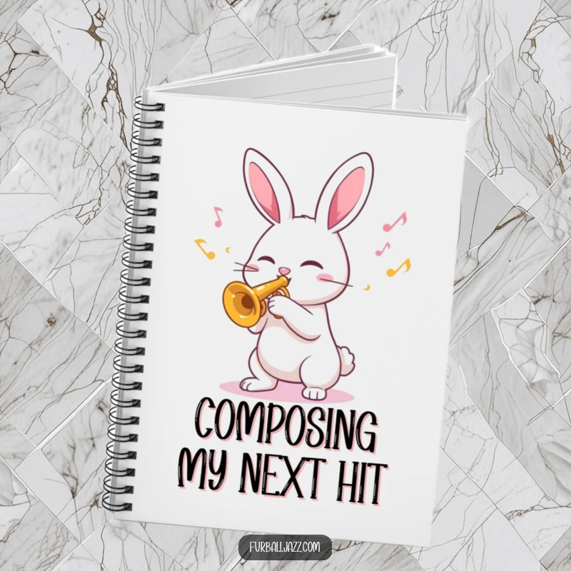 Funny Notebook with a charming rabbit playing a trumpet, inspiring joyful thoughts and happy musical notations.