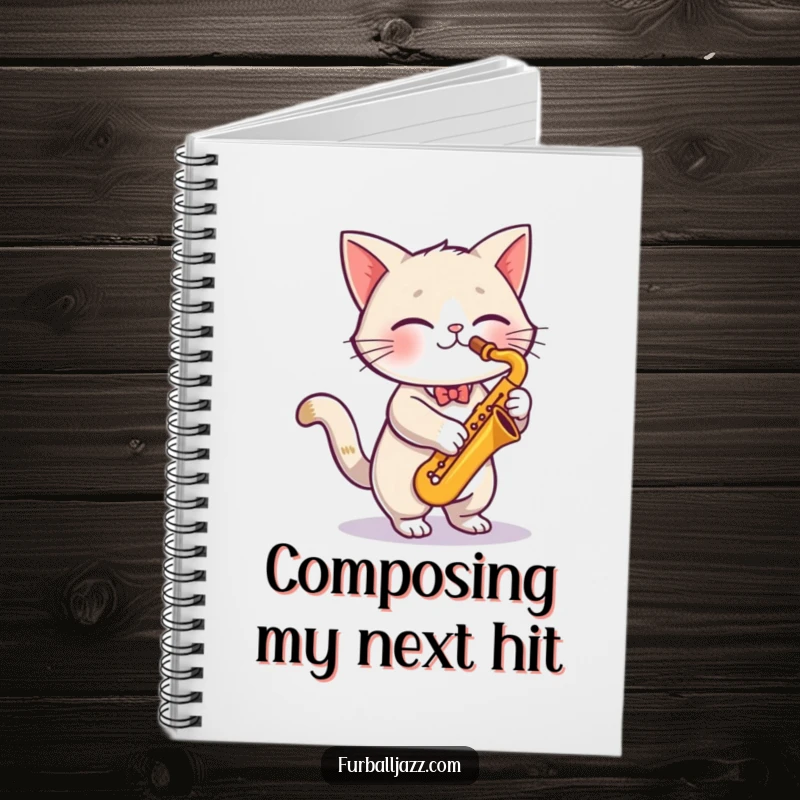 Funny cute cat playing a saxophone with vibrant energy, ready to inspire notes on a stylish, funny notebook.