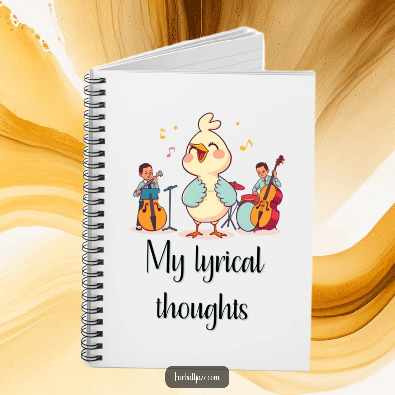 Funny notebook featuring a cheerful bird character singing along with a jazz band, great for journaling and song writing.