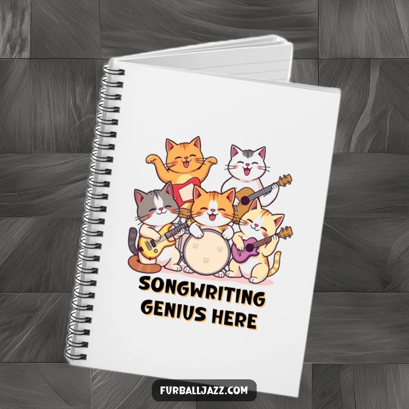 Funny cat notebook with a group of cats joyfully jamming together on various musical instruments.