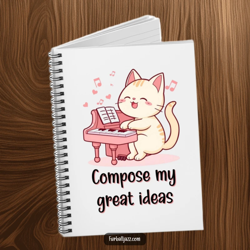 Funny cat notebook cover with a cat playing the piano, great for journaling, writing, and a humorous gift for creative minds.