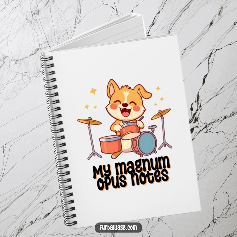 Funny notebook adorned with a cheerful dog character energetically playing drums, inspiring creativity and musical notation.