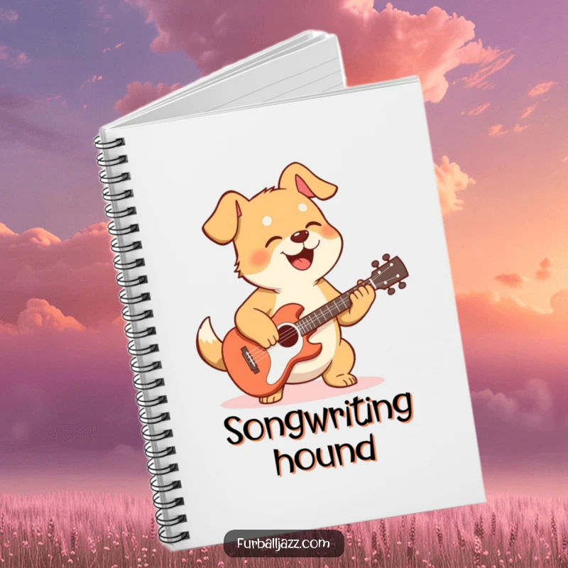 Funny dog notebook featuring a dog playing guitar, perfect for jotting down notes, lyrics, or doodles with musical humor.
