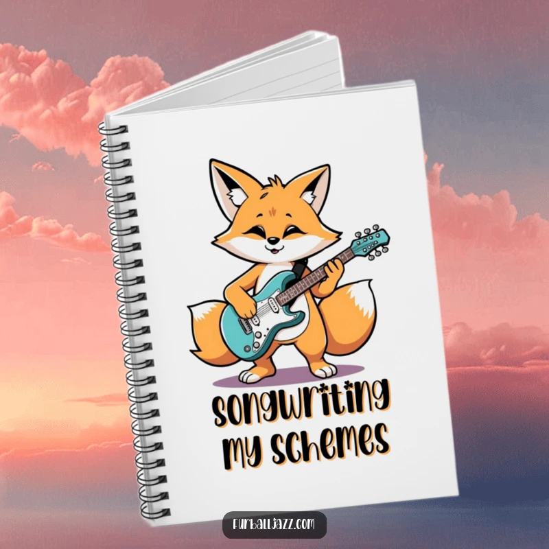 Funny fox character grooving on an electric guitar, a funny notebook for creative musicians.