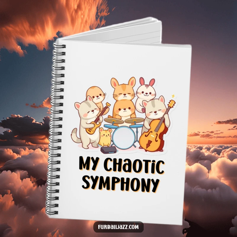 Funny notebook featuring a whimsical jazz band made of various animal characters playing instruments, for jotting down ideas.
