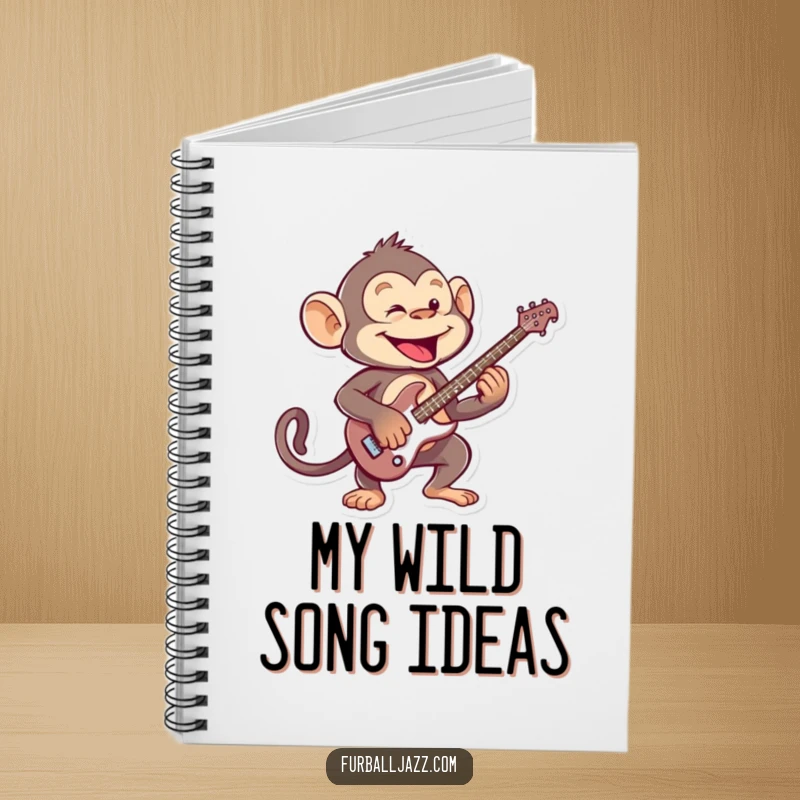 Funny mischievous monkey playing an energetic guitar solo, a creative notebook for music lovers.
