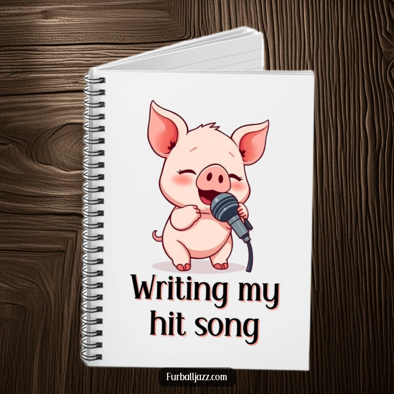 Funny piglet character singing into a microphone, featured on a notebook for capturing musical ideas.
