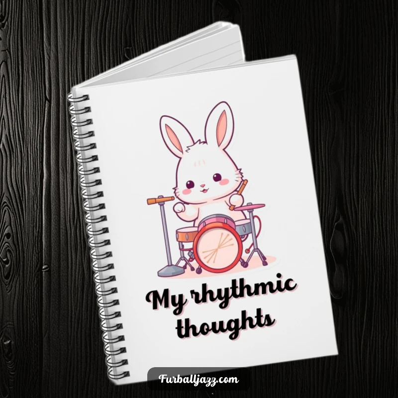 Funny rabbit drummer notebook cover showing a fluffy bunny enthusiastically playing a miniature drum kit, inspiring rhythmic ideas.