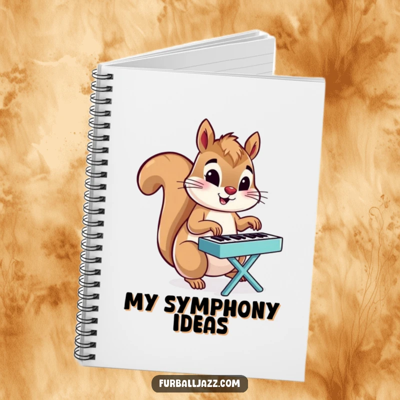 Funny Squirrel notebook featuring a squirrel energetically playing a tiny piano, ideal for journaling musical ideas.
