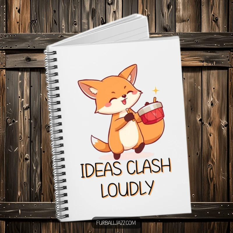 Funny fox energetically playing a pair of cymbals on a notebook.