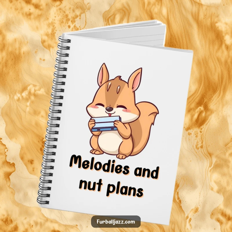 Funny squirrel notebook featuring a happy squirrel intensely concentrating while playing a tiny harmonica, inspiring focused writing.
