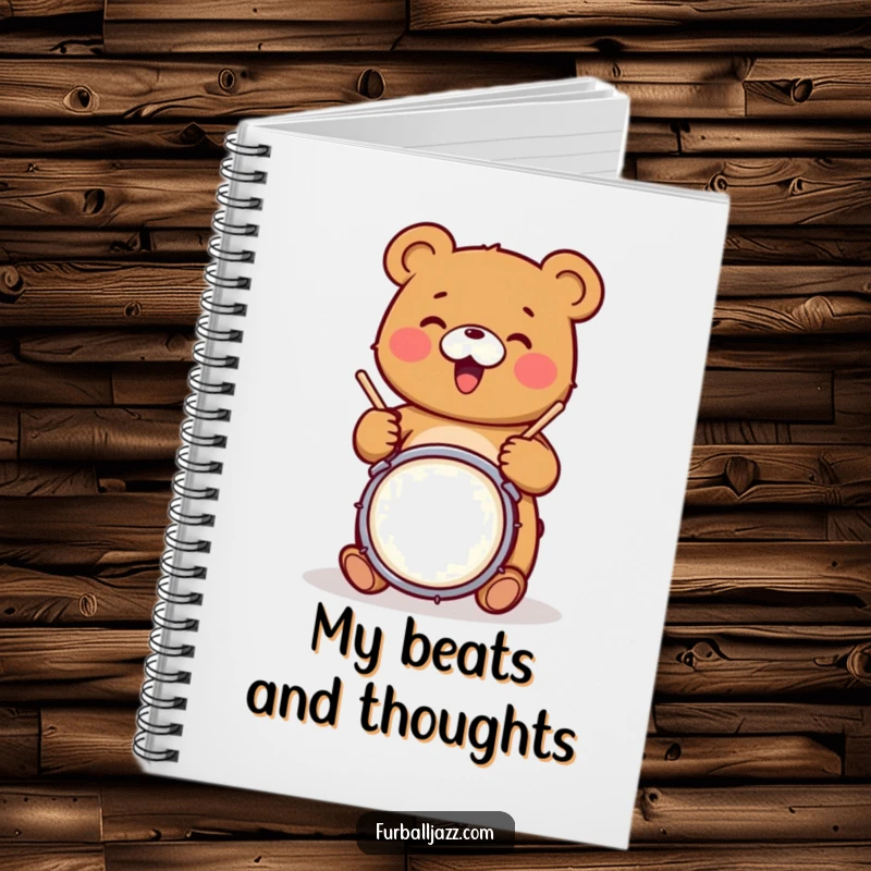 Funny bear character joyfully drumming on a snare drum, ready to inspire notes on a fun, funny notebook.