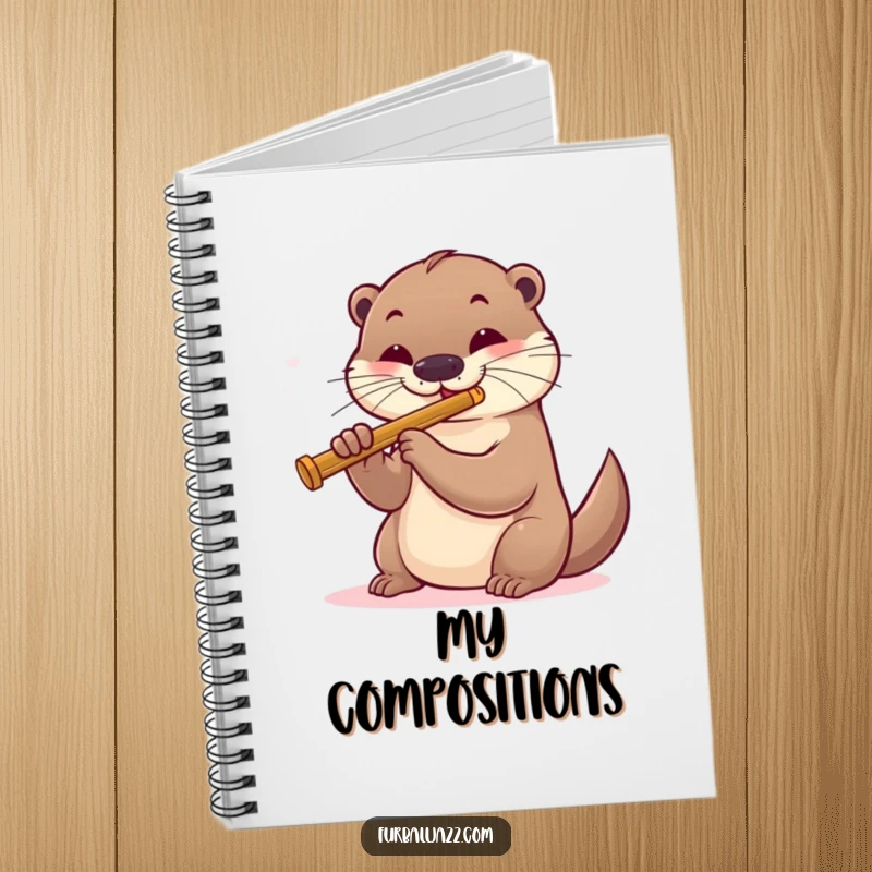 Funny otter playing a jazz flute on the cover of a notebook, designed for musical note-taking.