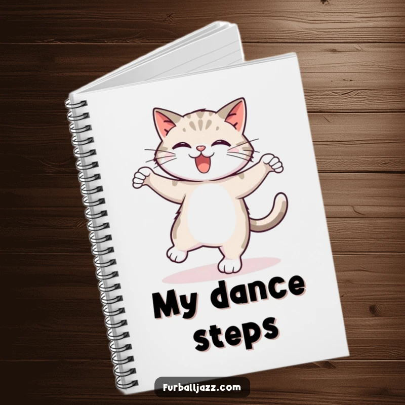 Funny tap dancing cat notebook, depicting a cat enthusiastically tap dancing, perfect for writing notes, doodling, and capturing humorous ideas.