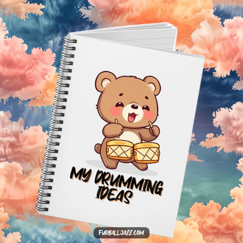 Funny Bear Cub Drummer Notebook cover featuring an energetic cub drumming on cymbals, ideal for jotting down musical ideas or daily thoughts.