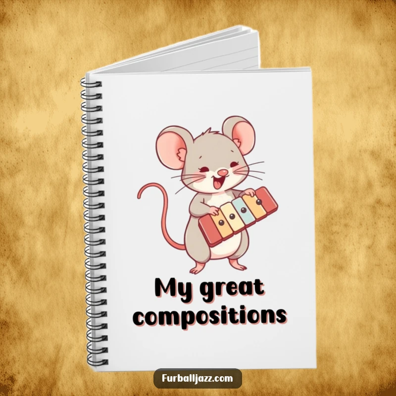 Funny notebook cover with an energetic mouse playing a xylophone, perfect for songwriting and musical notation.