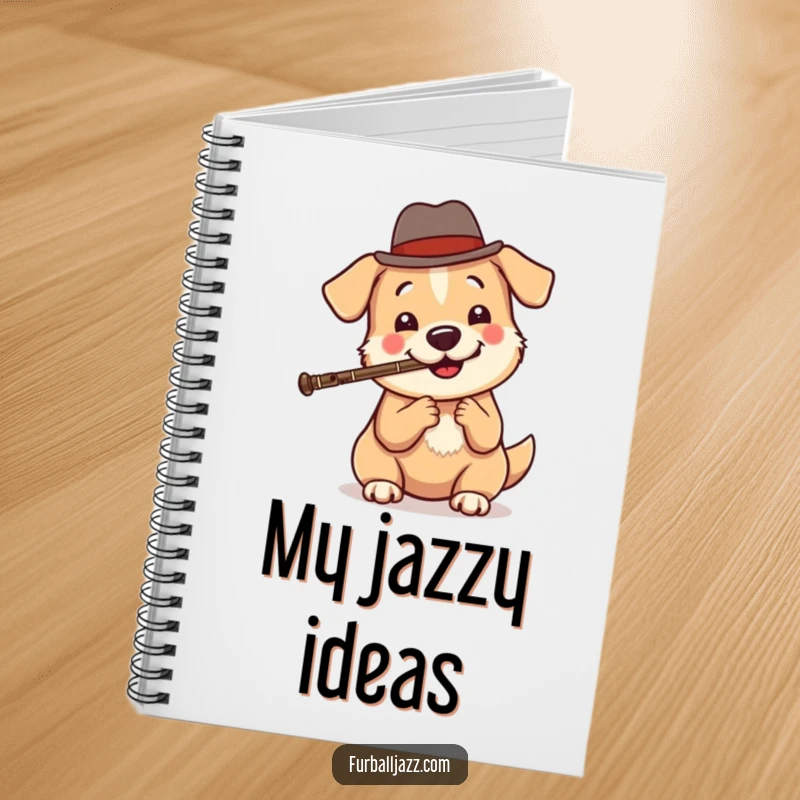 Funny dog jazz notebook cover showing a round, happy dog in a fedora playing a clarinet, inspiring cool music and creative ideas.