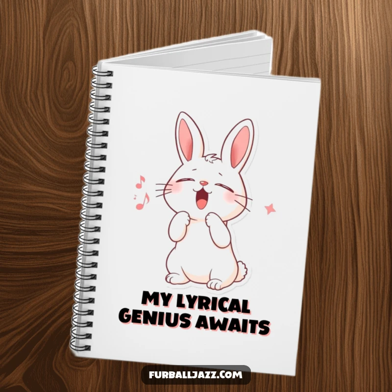 Funny notebook with a cover art of a rabbit character singing scat, eyes closed, paw raised, inspiring musical thoughts and creative writing.