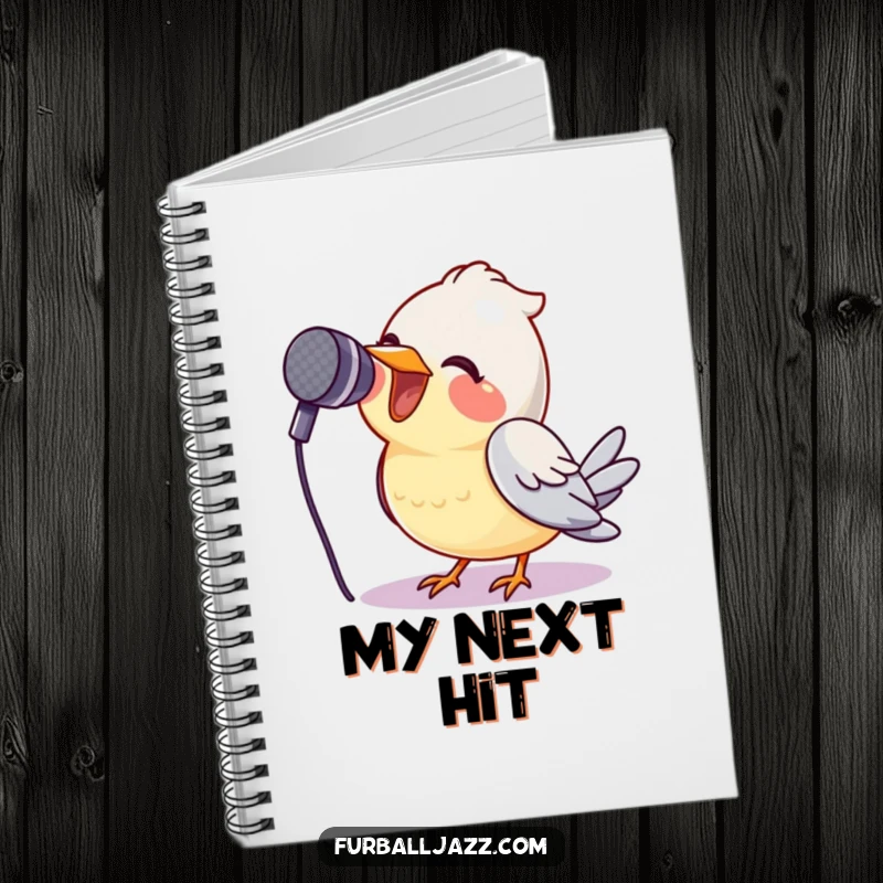 Funny bird with a microphone on a notebook cover, designed for capturing musical inspiration, a funny stationery gift.