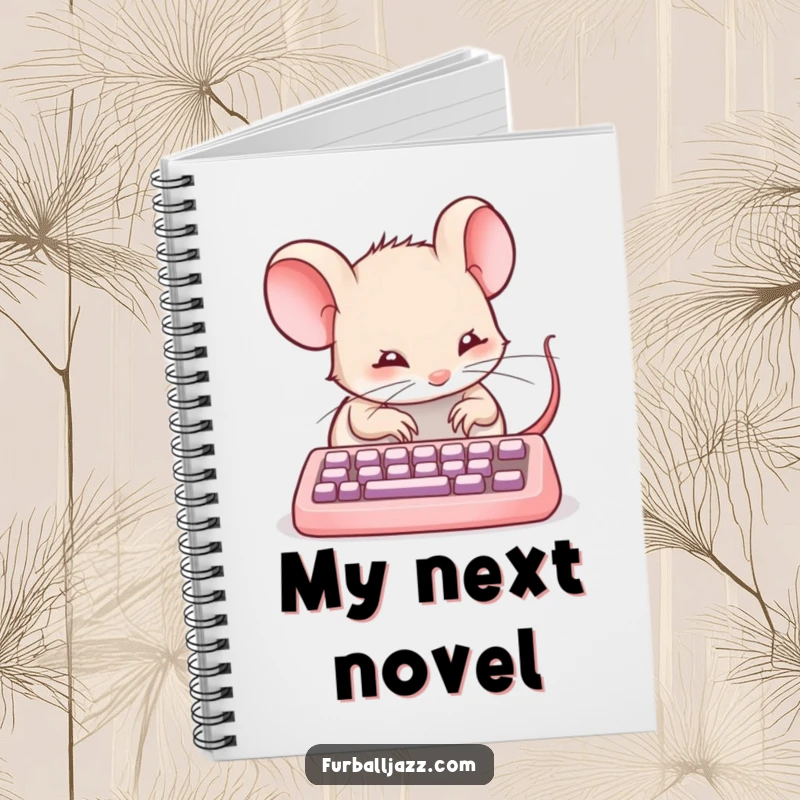 Funny mouse with a tiny keyboard on a notebook cover, designed for capturing productive thoughts, a funny stationery gift.