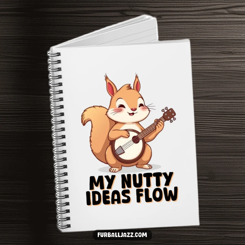 Funny squirrel playing a banjo on a notebook cover, a cheerful and humorous design.
