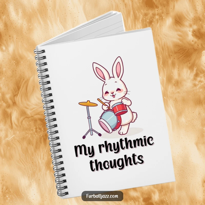 Funny bunny rabbit tapping its foot while playing drums, a funny notebook for musicians.