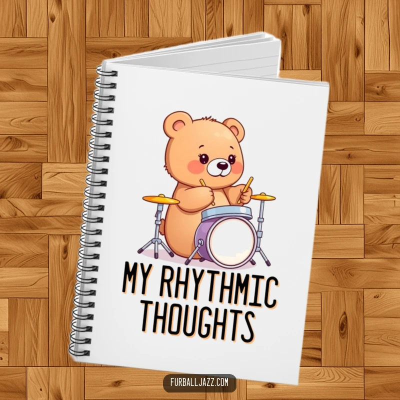 Funny bear cub happily drumming on a miniature drum set, a creative notebook for music lovers.