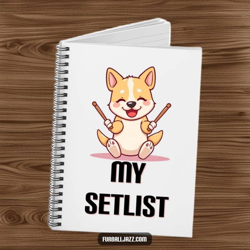 Funny dog notebook featuring an energetic character tapping drumsticks on its knees, ideal for capturing notes with cool, humorous musical inspiration.