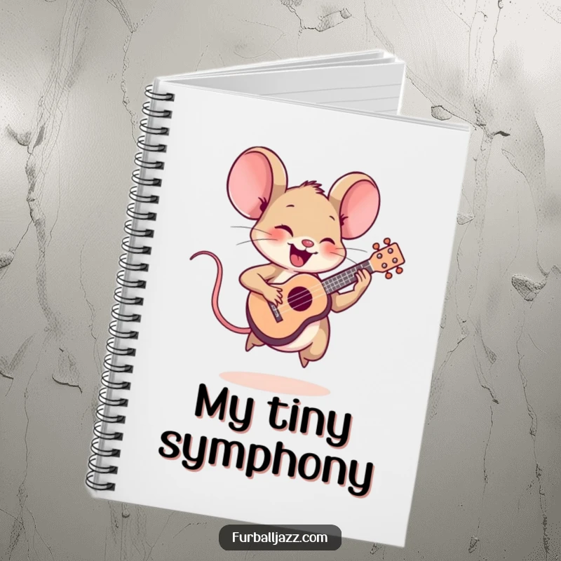 Funny mouse character playing a tiny ukulele, featured on a notebook for jotting down musical ideas.