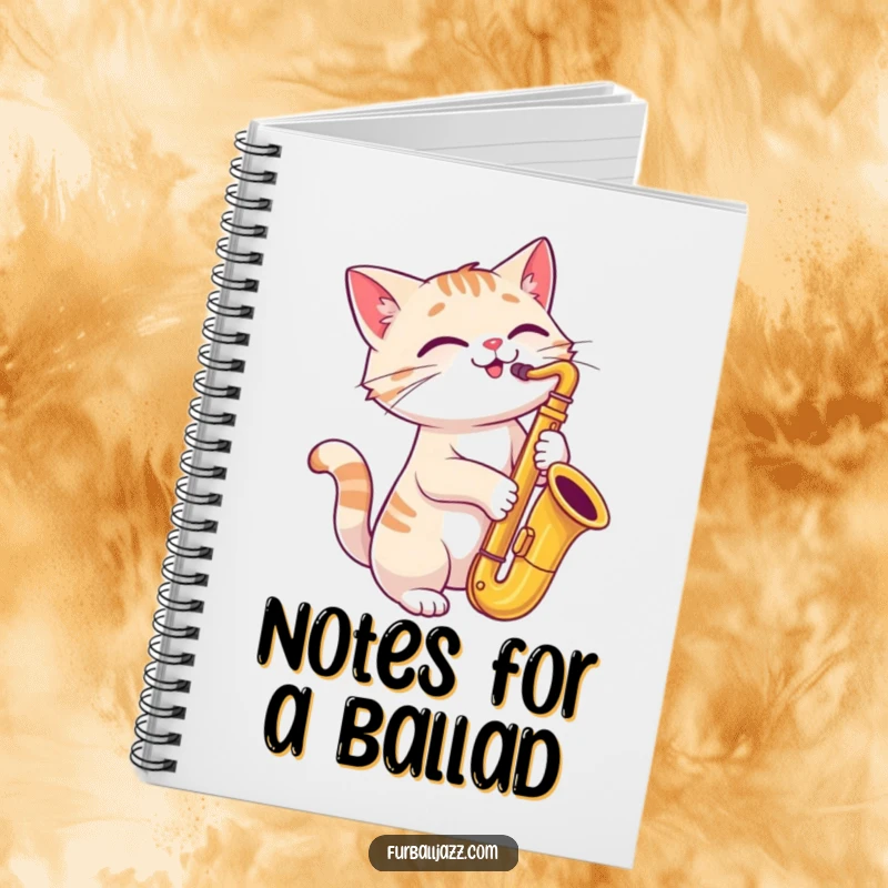 Funny cat playing a saxophone with a joyful, tilted head on a notebook.