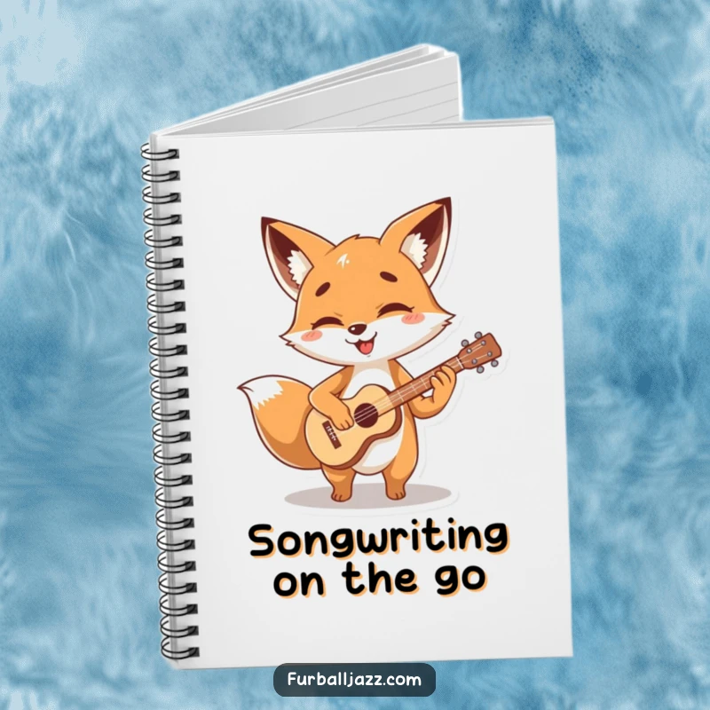 Funny fox character strumming a tiny, stylized guitar with glee, ready to inspire notes on a funny notebook.