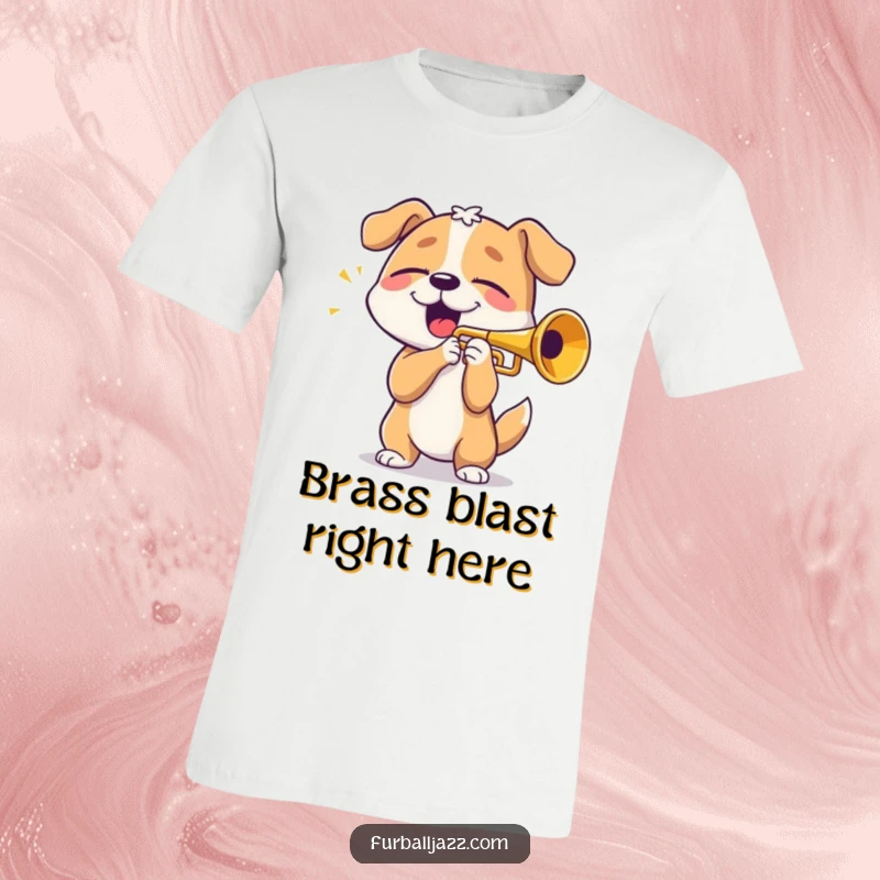 Funny dog enthusiastically playing trumpet with eyes closed in bliss, a humorous gift for music lovers and pet owners.