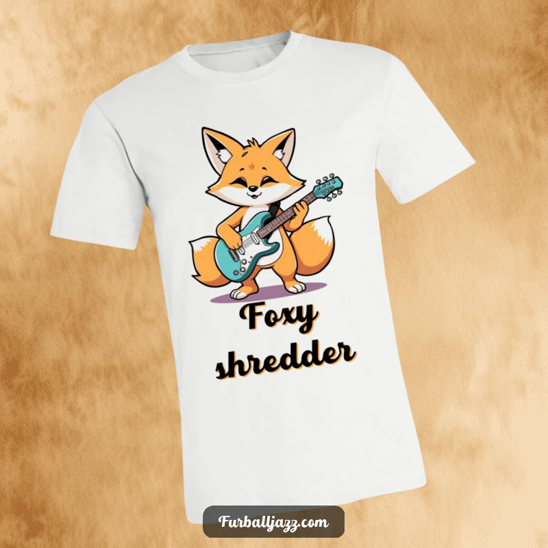 Funny fox character grooving on an electric guitar, a cool and funny t-shirt.