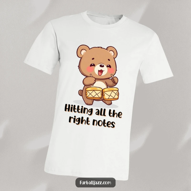 Funny Bear Cub T-Shirt depicting a cute cub energetically drumming on cymbals, embodying wild energy and musical passion.