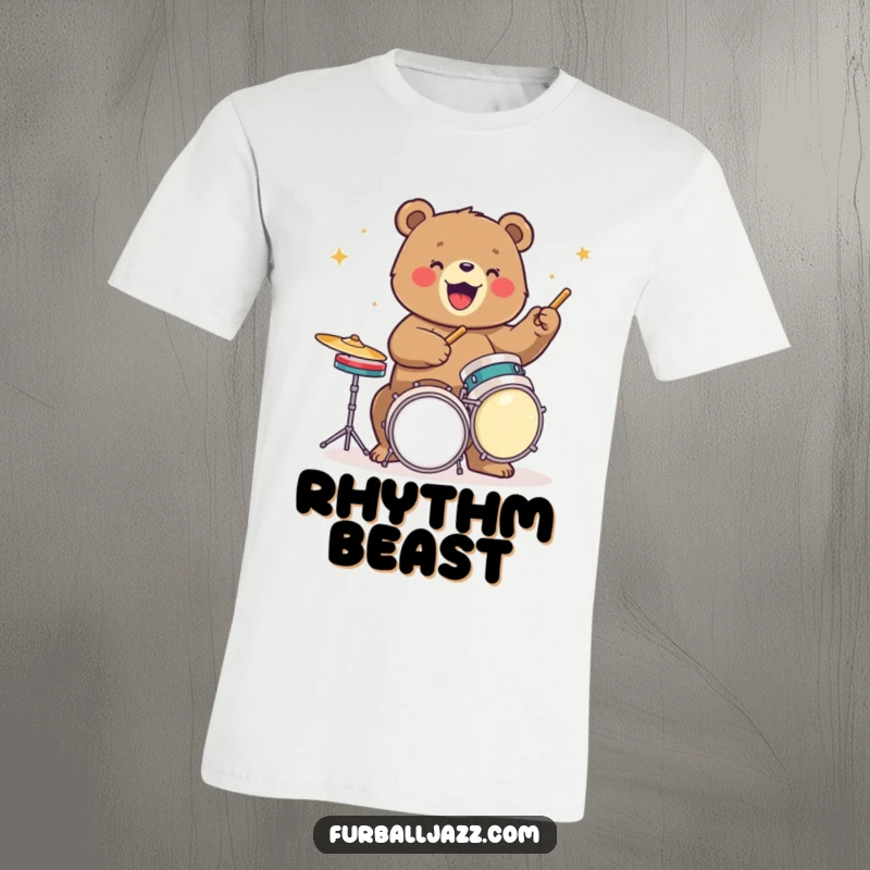 Funny bear t-shirt featuring a bear fiercely playing a drum set with drumsticks, embodying raw energy and musical passion.