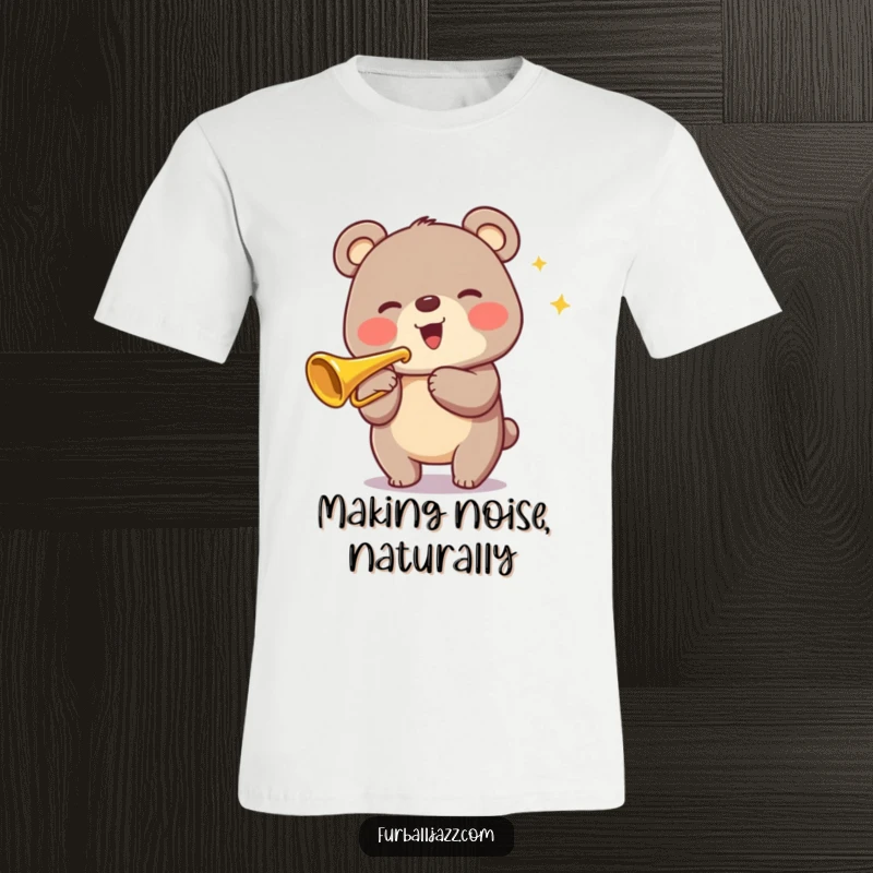 Funny Bear Trumpet T-Shirt showing a happy bear playing a gleaming trumpet with enthusiasm, great for music lovers.